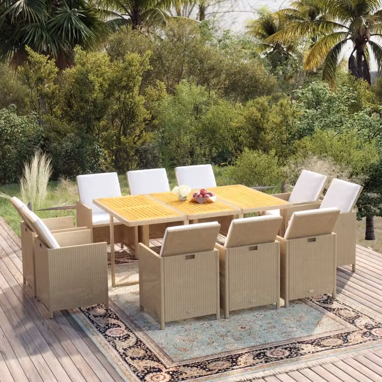 The Living Store Set da pranzo da giardino 11 pezzi con cuscini in poly rattan beige
