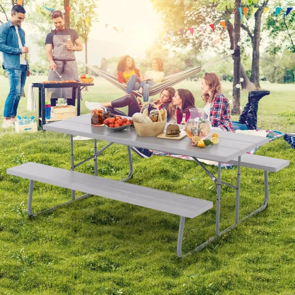 Tavolo da picnic pieghevole Design Mania con 2 panche, set da giardino in metallo e plastica, grigio, con foro per ombrellone, L: 183 cm – 2
