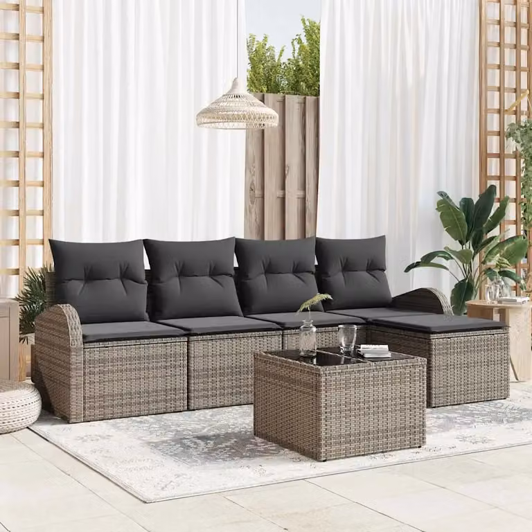 Set di divani da giardino vidaXL in rattan grigio con cuscini, composizione a L con struttura in metallo e sedute imbottite
