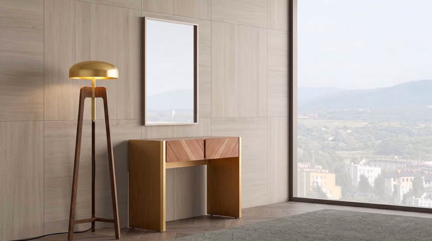 Set per soggiorno: consolle, specchio, lampada da terra. Stile moderno, spazioso