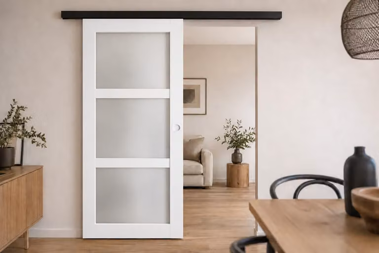 Porta scorrevole Kenya bianca con vetro H204 x L83 cm, binario in alluminio con banda nera, conchiglie bianche Gd Menuserie