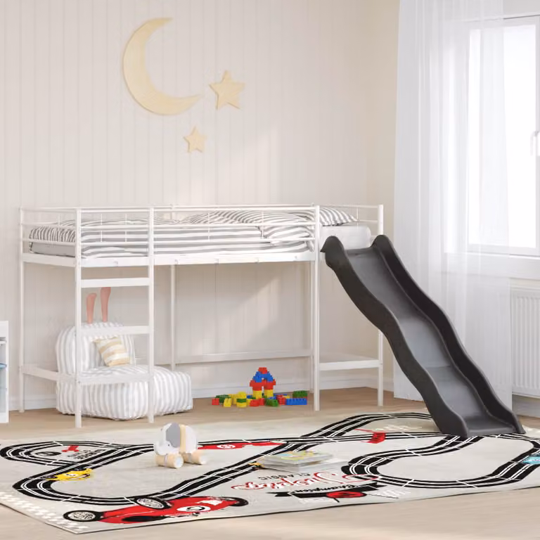 vidaXL Letto loft per bambini in metallo con scala, Bianco e Antracite, L/P/H: 190 x 80 x 116 cm