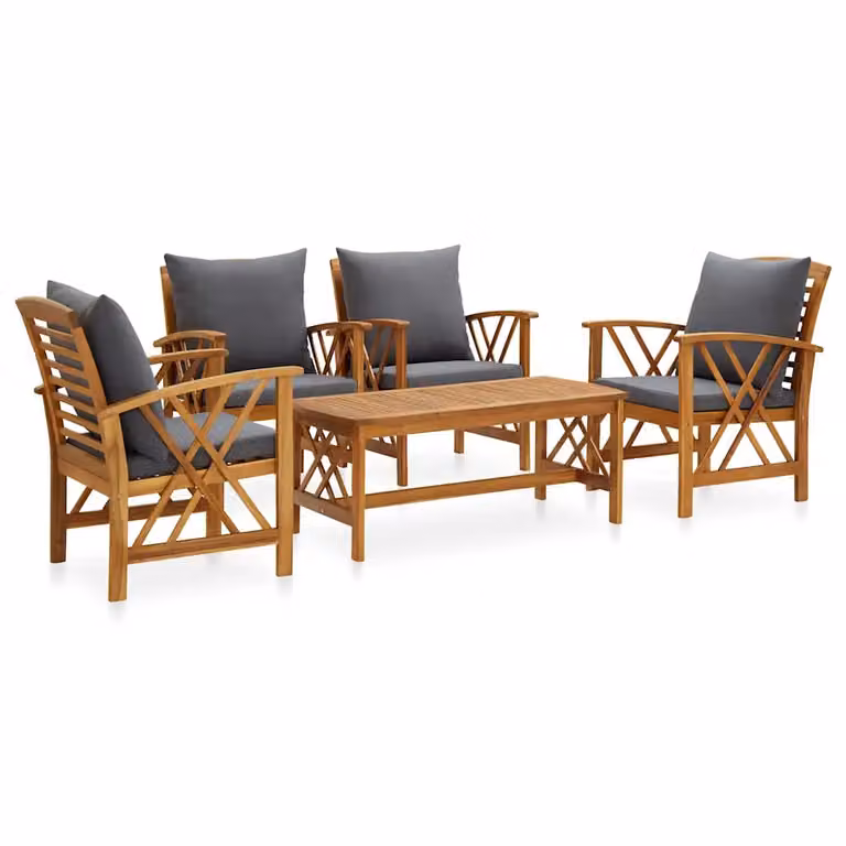 Set da giardino vidaXL composto da 5 pezzi in legno di acacia oliato con cuscini inclusi, colore marrone e grigio