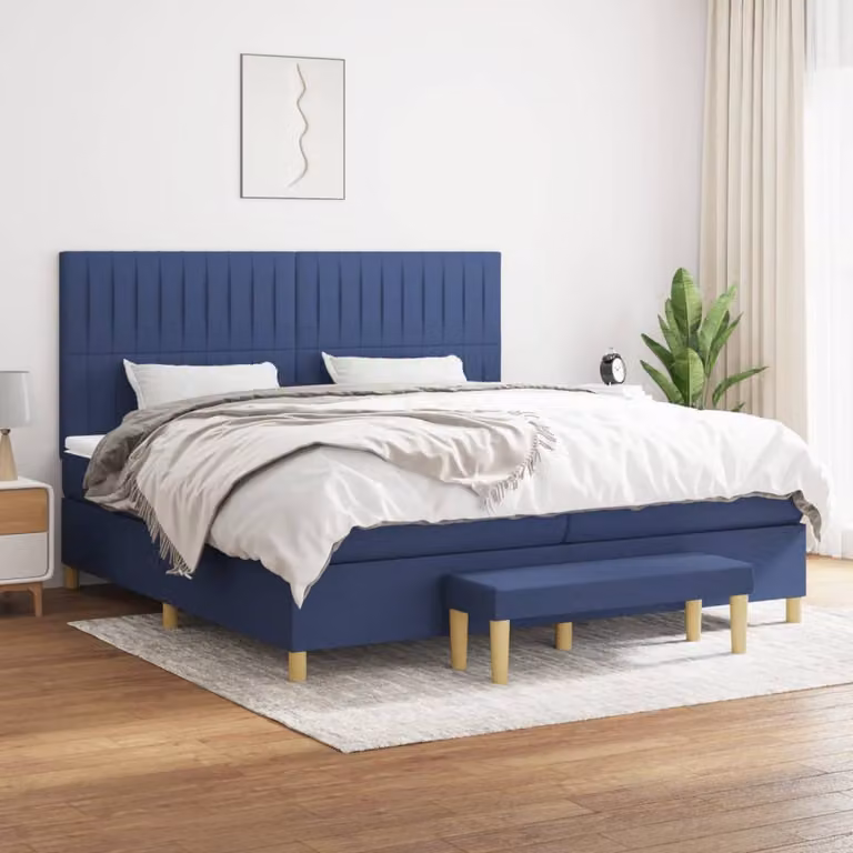vidaXL Letto Ibrido con Giroletto a Molle e Materasso in Tessuto Blu e Bianco L/P/H: 200 x 200 x 128 cm