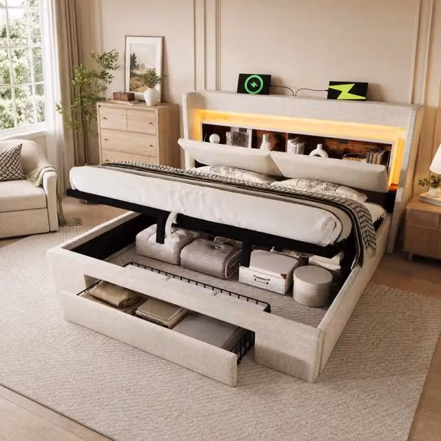 Letto imbottito 180x200 cm con contenitore idraulico, testiera con scomparti, illuminazione LED, porte USB e USB-C, struttura in lino beige e legno senza materasso