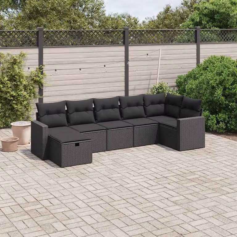 vidaXL Set Divani da Giardino a L con Cuscini 7pz Nero in Polyrattan e Acciaio