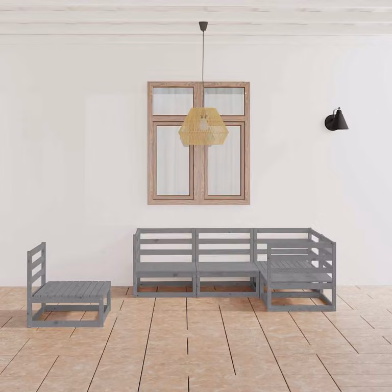 Set di divani da giardino vidaXL a forma di L in legno di pino con cuscini grigi