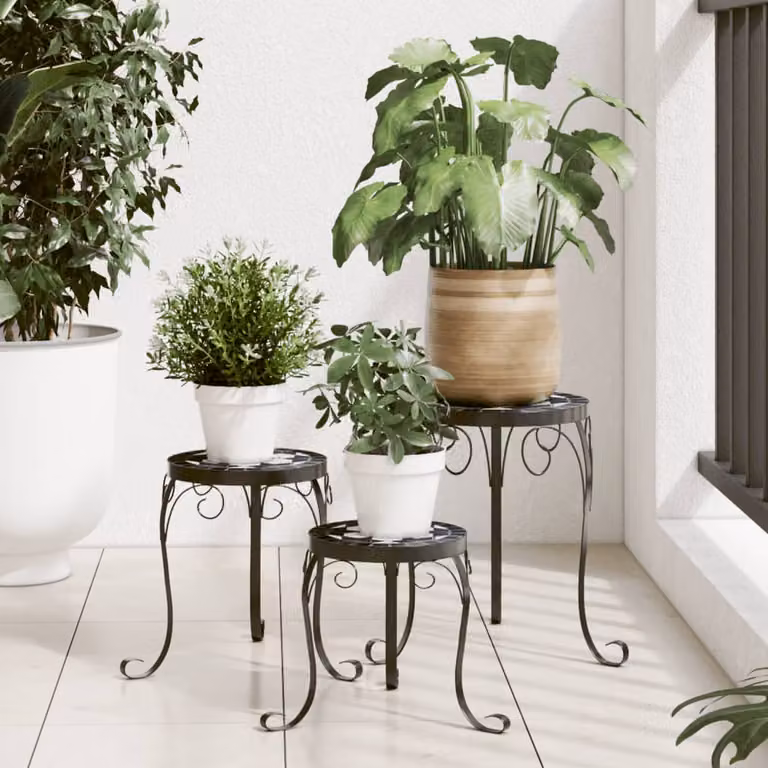 Set di 3 supporti per piante vidaXL in ceramica e acciaio, colori nero e bianco