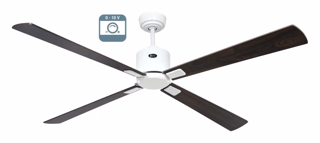 Ventilatore a soffitto CasaFan ECO NEO III 152 con luce, corpo bianco e pale in legno noce e ciliegio