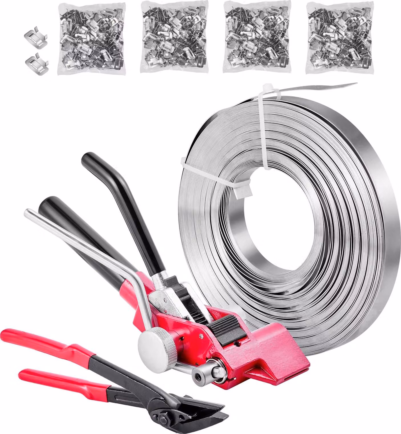 SucceBuy Kit di reggette in acciaio in 4 pezzi, strumento manuale per reggiare con 122 metri di reggette metalliche, 400 graffette metalliche e utensile da taglio, ideale per l'imballaggio, il trasporto e lo stoccaggio in officina