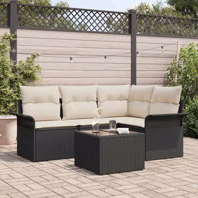Set Divano da Giardino a L vidaXL 5 Pezzi Nero con Cuscini e Tavolino in Polyrattan e Metallo