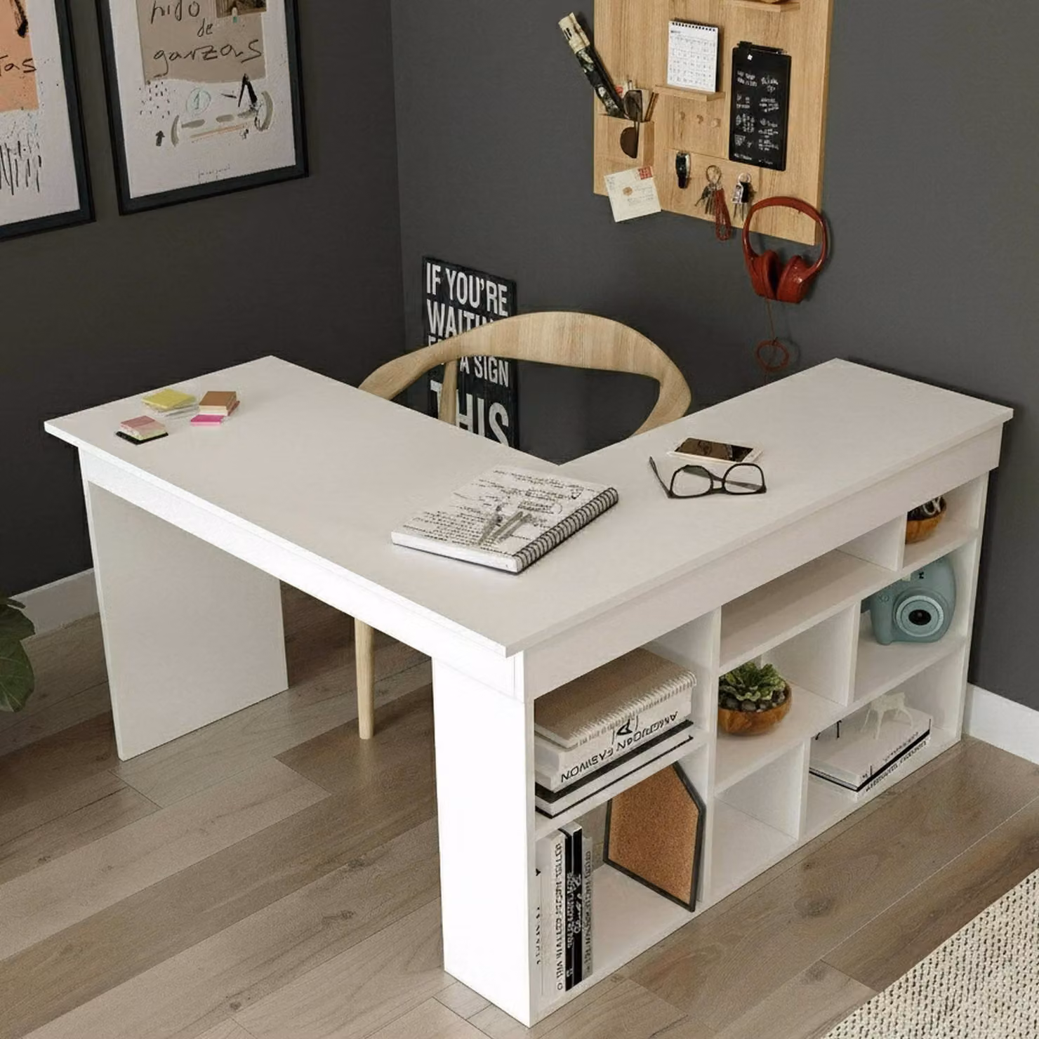 Dmora Scrivania Altin 120x129x72h cm Bianco, Angolare Materiale Piano in Legno Nobilitato