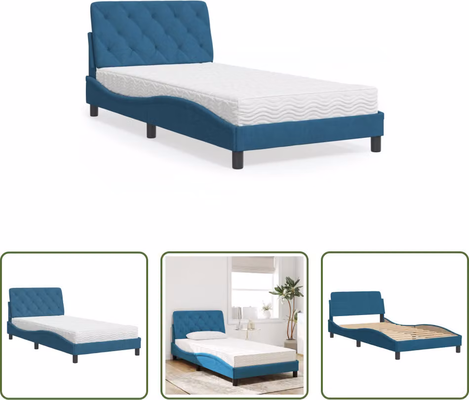 The Living Store Letto con materasso blu 100x200 cm in velluto