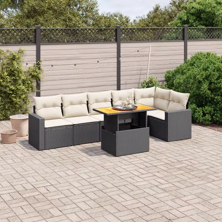 vidaXL Set Divano da Giardino a L con Cuscini 7pz in Polyrattan Nero e Legno di Acacia