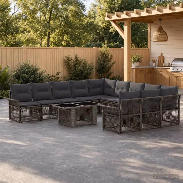 Set Divano da Giardino vidaXL in Polyrattan Grigio e Antracite con Cuscini e Tavolino da Esterno a Forma di U