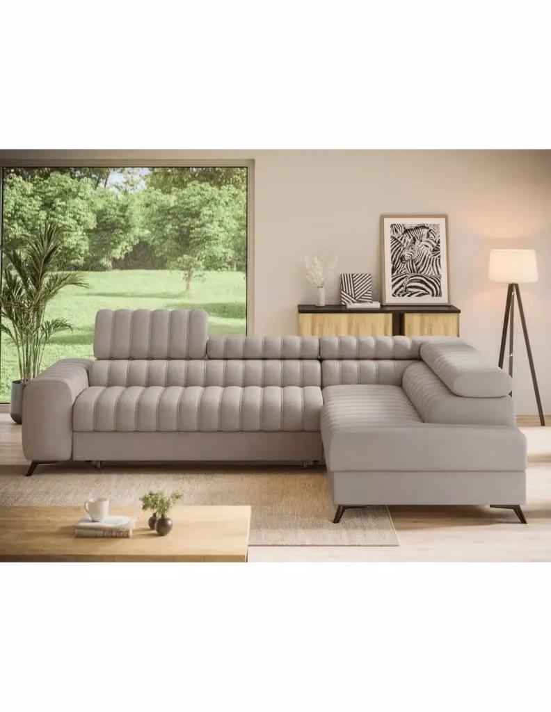 Divano ad angolo con funzione letto collezione KANEDOJO MEUBLORAMA colore Beige con struttura in legno e metallo, poggiatesta regolabile e coperture rimovibili L/P/H: 269 x 204 x 86 cm – 2