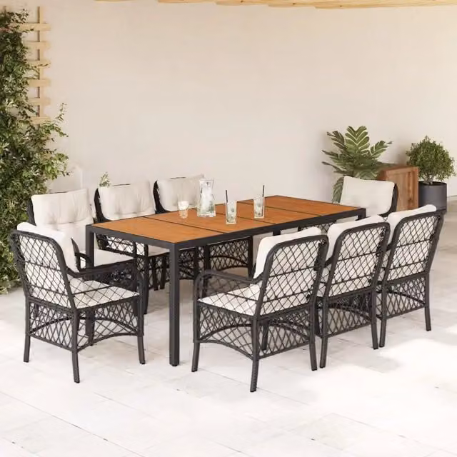 Set da pranzo da giardino vidaXL in legno di acacia e rattan nero e bianco composto da 9 pezzi