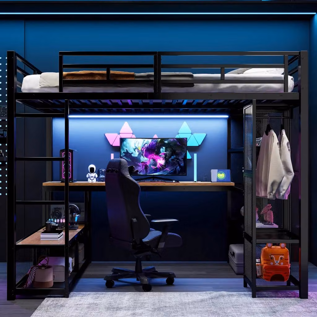 Letto a soppalco WISHDOR in metallo e MDF con scrivania, ripiani, armadio aperto e illuminazione LED, Nero, L/P/H: 200 x 140 x 208 cm – 2
