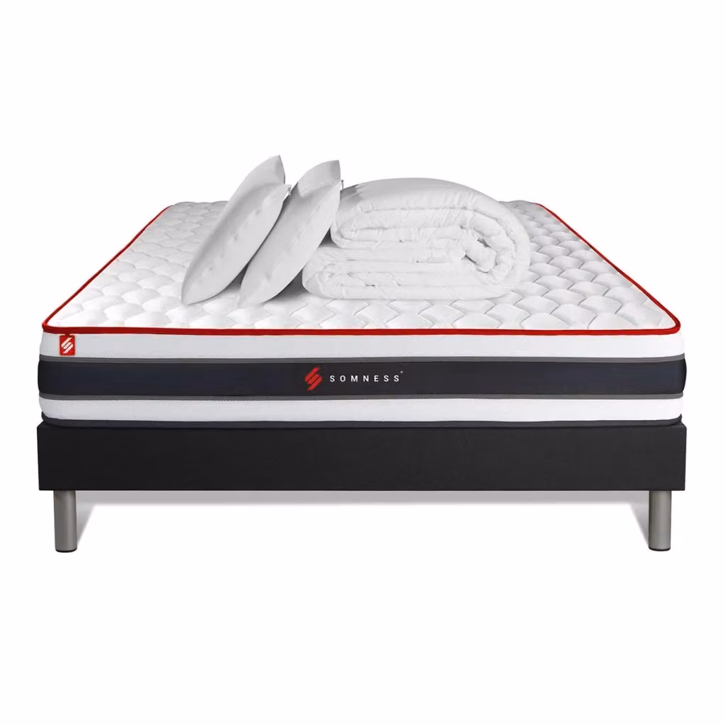 Set letto completo Somness Energy bianco con materasso hybrid memory foam, box spring con doghe, 2 cuscini e piumone L/P/H: 200 x 200 cm – 2