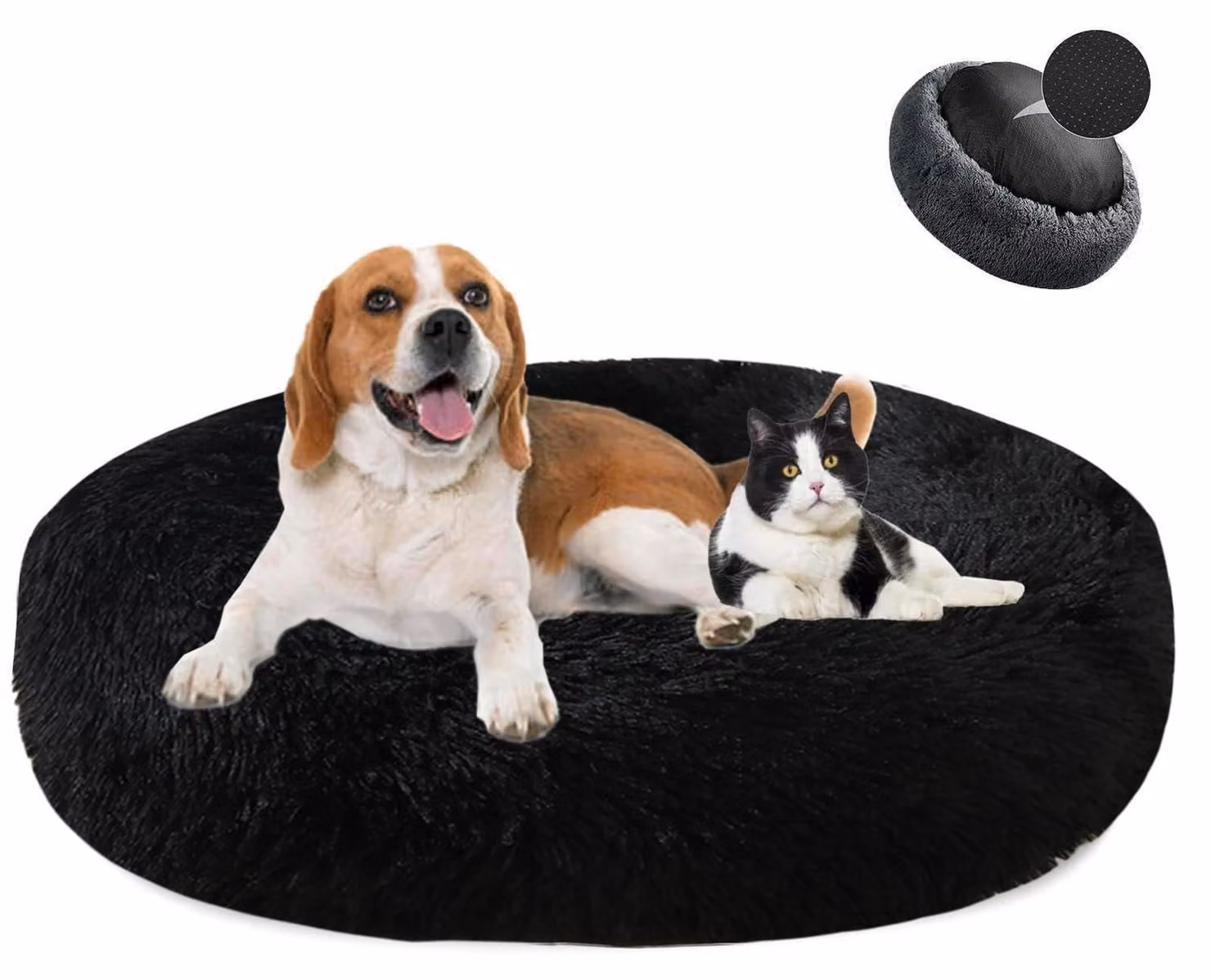 Cuccia per cani a forma di ciambella, in peluche, lavabile, diametro 90 cm, colore nero