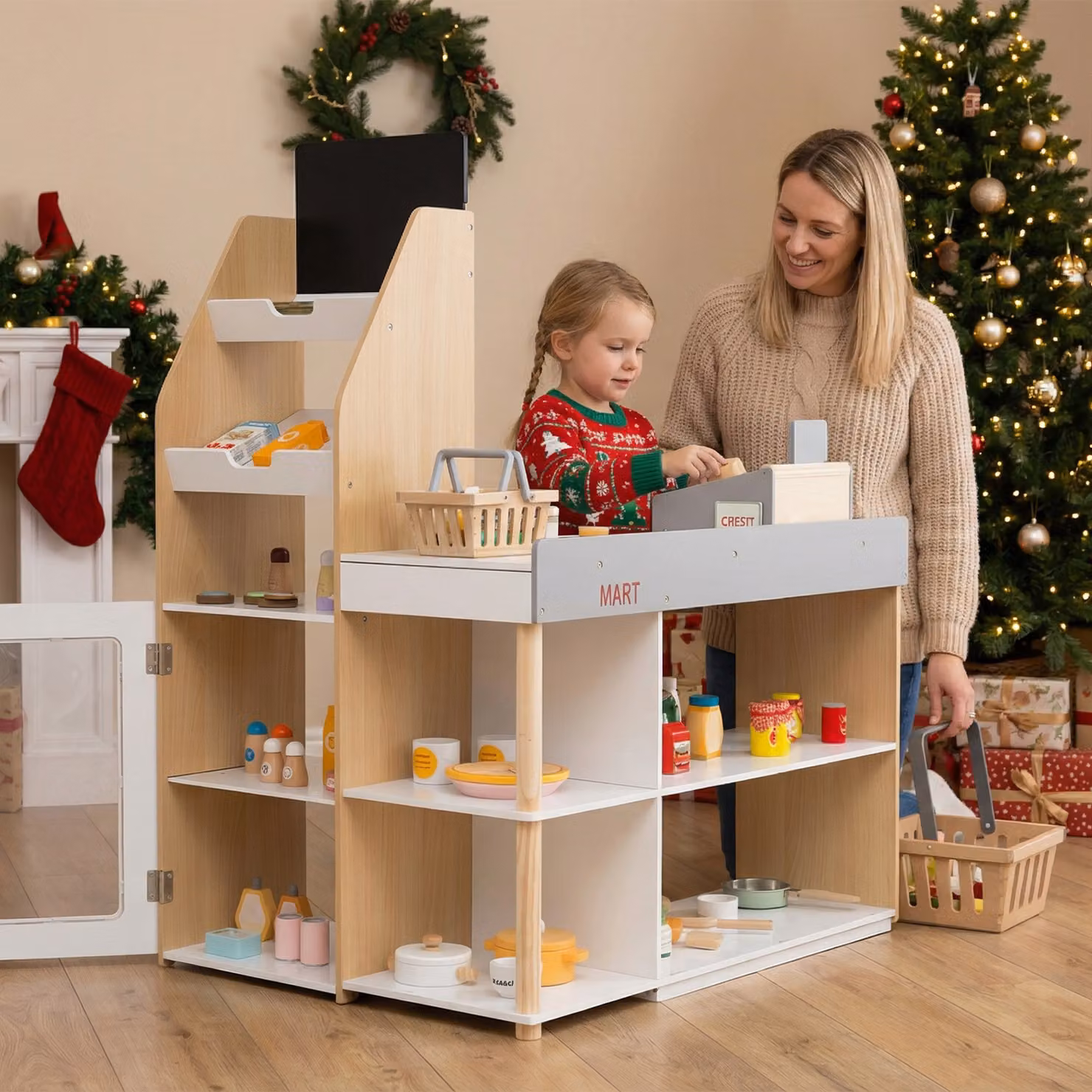 Costway Supermercato giocattolo in legno multicolore con carrello della spesa e lettore di carte per bambini dai 3 anni in su