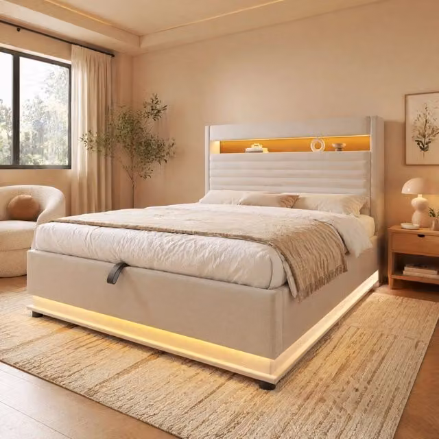 Letto contenitore Mivray con testiera imbottita in lino beige, illuminazione LED sottostante e porte di ricarica USB e USB Type-C, L/P: 140 x 200 cm, H: 142 cm