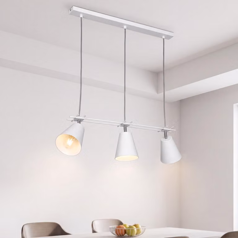 Lampada a sospensione funzionale (profondità fino a: 0,8 m, a 3 luci, moderna, in bianco, paralume a imbuto) faretto a sospensione per la sala da pranzo lampada a sospensione lampada a sospensione lampada a sospensione lampada a sospensione