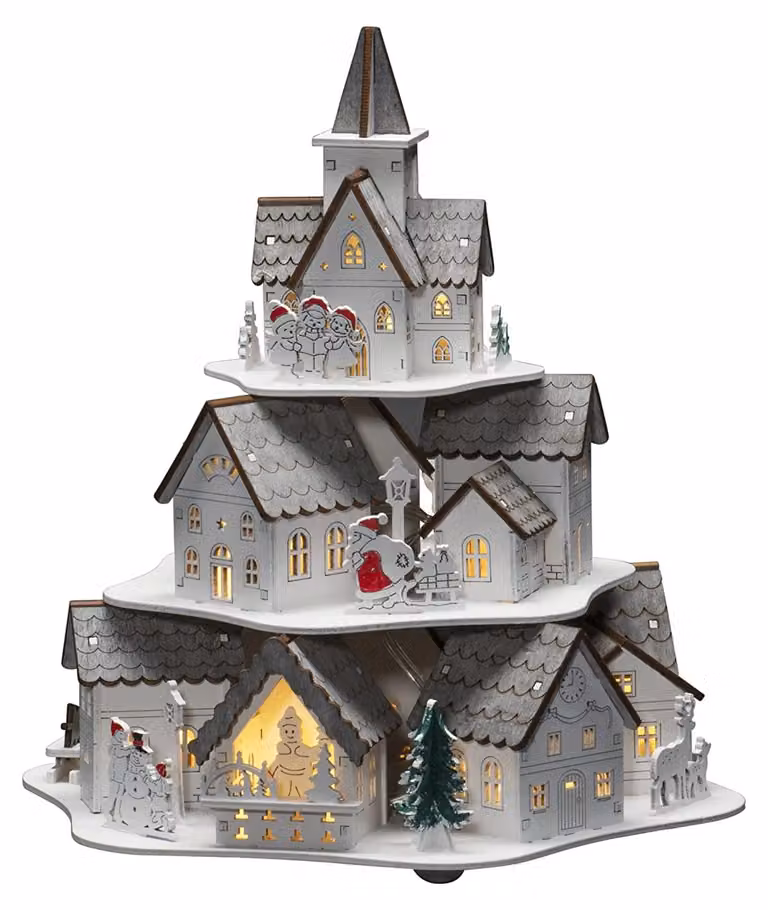 Case a forma di silhouette di alberi in legno, color bianco, con 10 luci LED bianco caldo e timer integrato