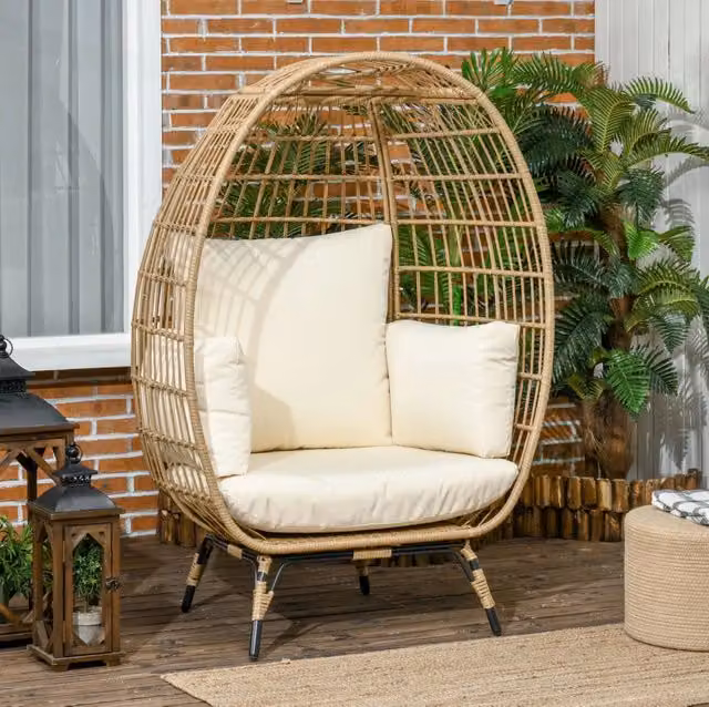 Poltrona da giardino a cestello ovale con cuscini; 105 x 90 x 148 cm; khaki
