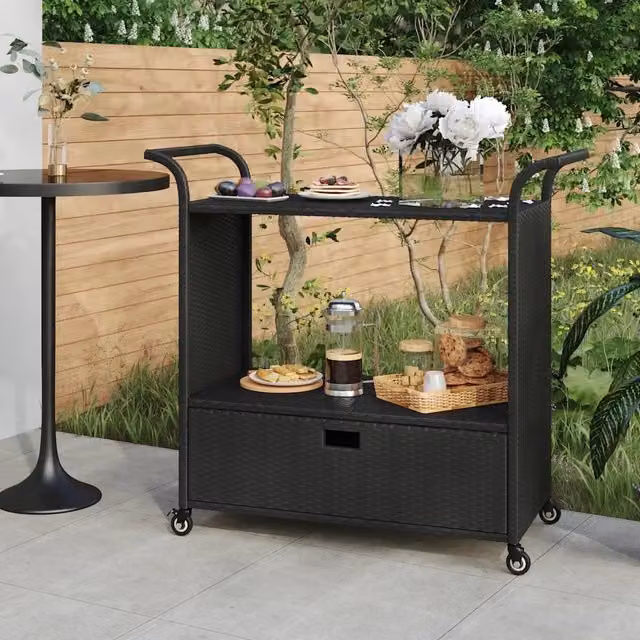 Carrello da Bar vidaXL in Polyrattan e Metallo Nero con Cassetto e Ruote L/P/H: 100 x 45 x 97 cm – 1