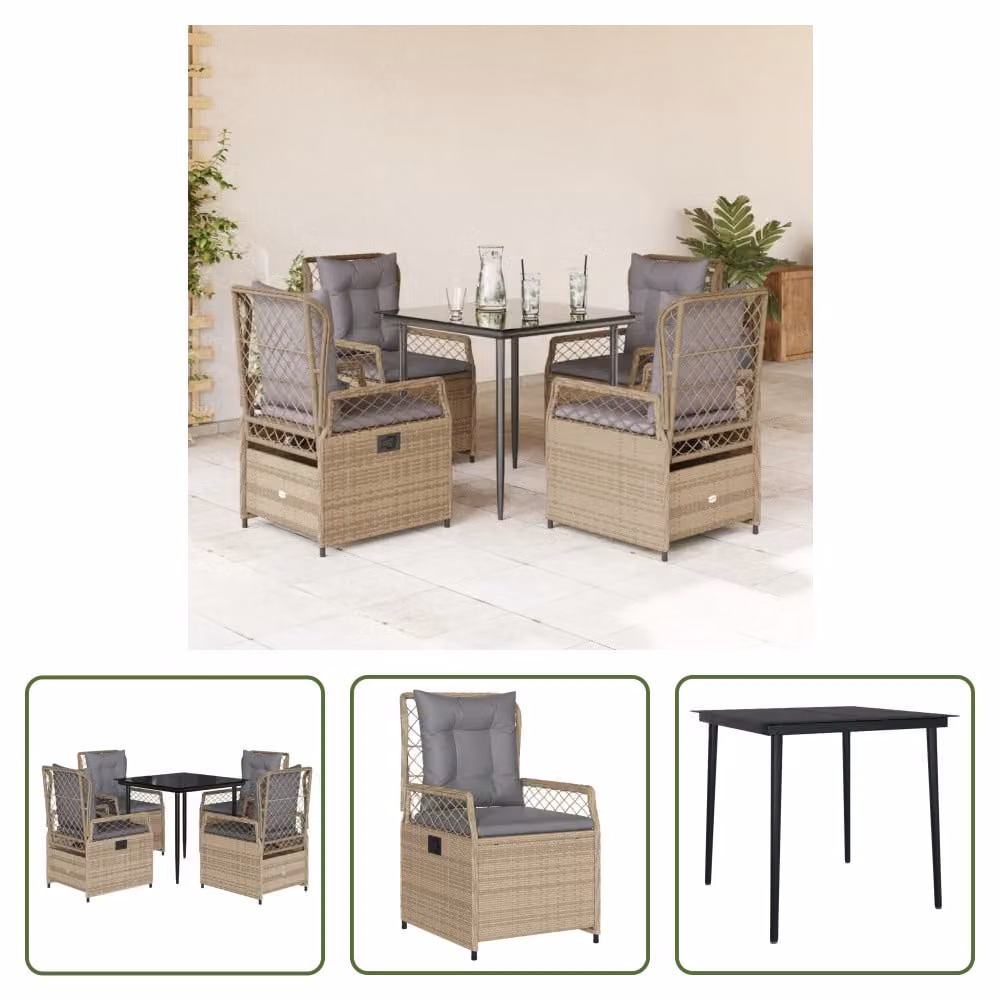 The Living Store Set da pranzo da giardino 5 pezzi con cuscini Beige poly rattan