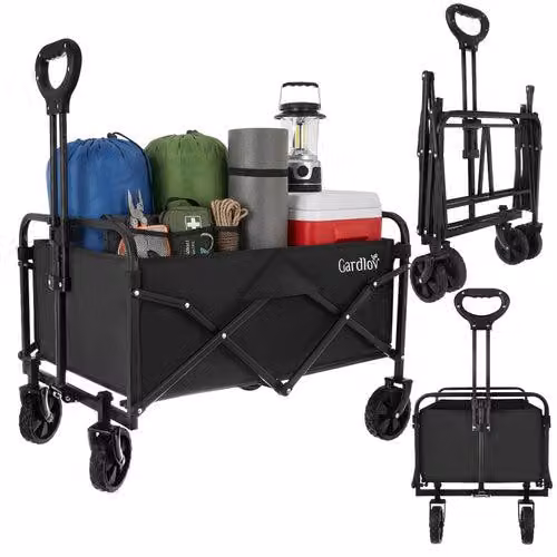 Carrello da giardino pieghevole, capacità 90 litri, portata 100 kg, 4 ruote