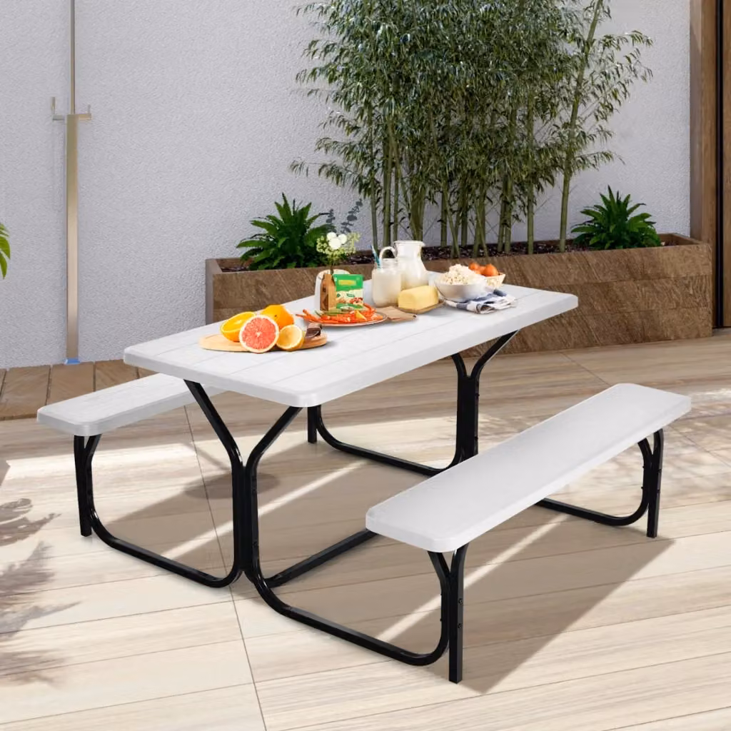 Set tavolo da picnic con panca Design Mania, resistente alle intemperie con telaio in metallo e piano in plastica, Bianco, L: 137 cm, P: 150 cm, H: 72 cm – 2