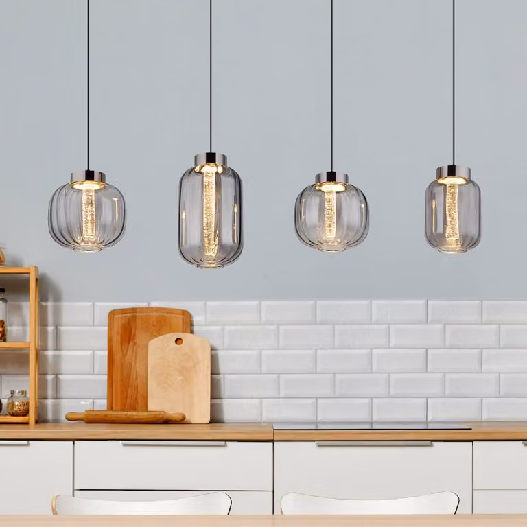 Globo Lampada a sospensione in vetro Fluoro, Alluminio / Grigio / Zincato, Soggiorno / Sala da pranzo, Vetro, Lampada a sospensione