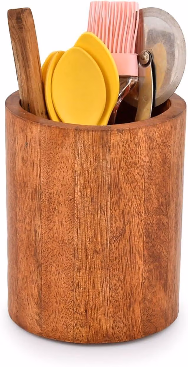 Portaoggetti da cucina in legno di mango naturale - 5" x 5" x 6" - Ideale per cucchiai, spatole e utensili da cucina