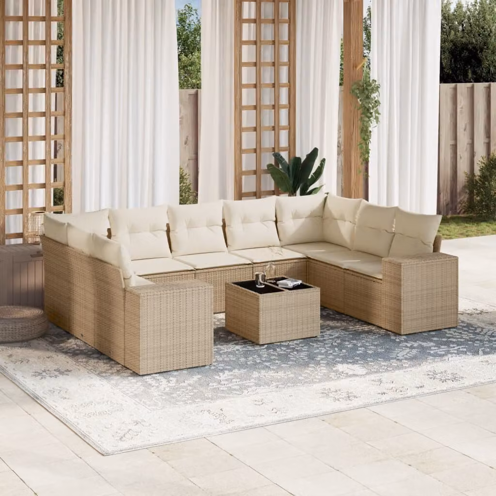 Set Divano da Giardino vidaXL 10 pz in Polyrattan con Cuscini Beige e Tavolino da Esterno – 1