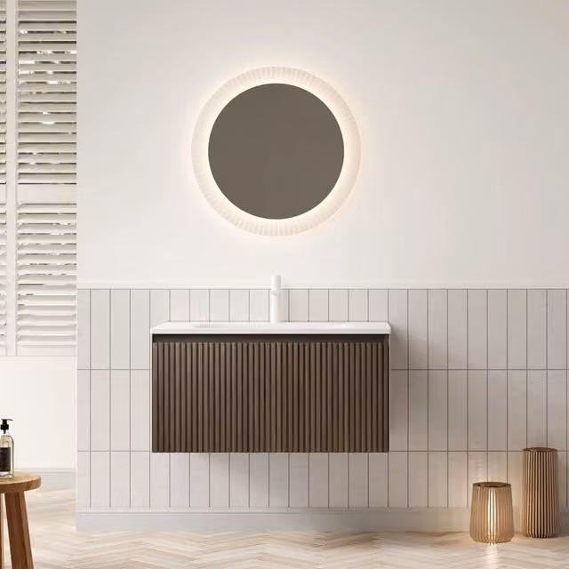 Lavabo da bagno a muro 80 cm, preassemblato, con lavabo in ceramica bianco rettangolare sottopiano e mobile in compensato striato color rovere marrone con cassetto