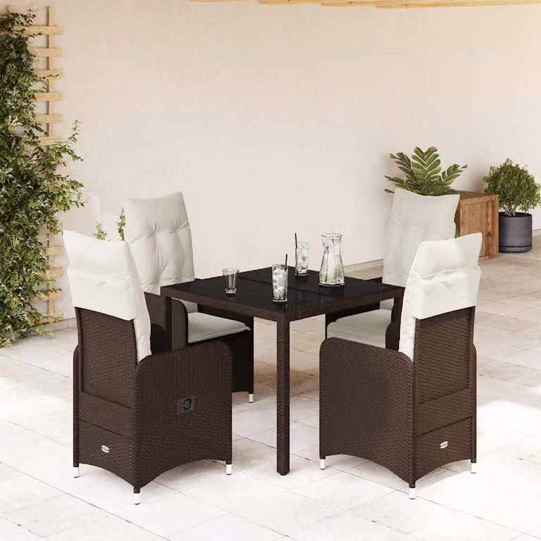 Set Bistrò da Giardino e Balcone vidaXL 5 pz in Polyrattan Marrone con Piano in Vetro e Cuscini Bianchi