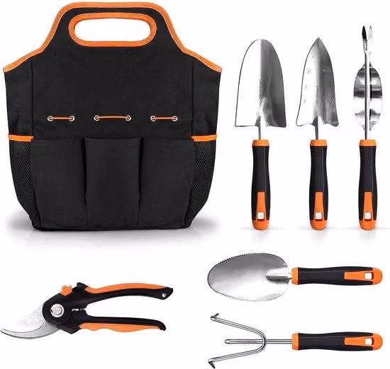 Set di 7 utensili da giardino in acciaio inossidabile Unyqoos®: forbici da giardino, rastrello da giardino, 3 palette per trapianto, sradicatore di erbacce e borsa porta-attrezzi, con impugnature ergonomiche in gomma