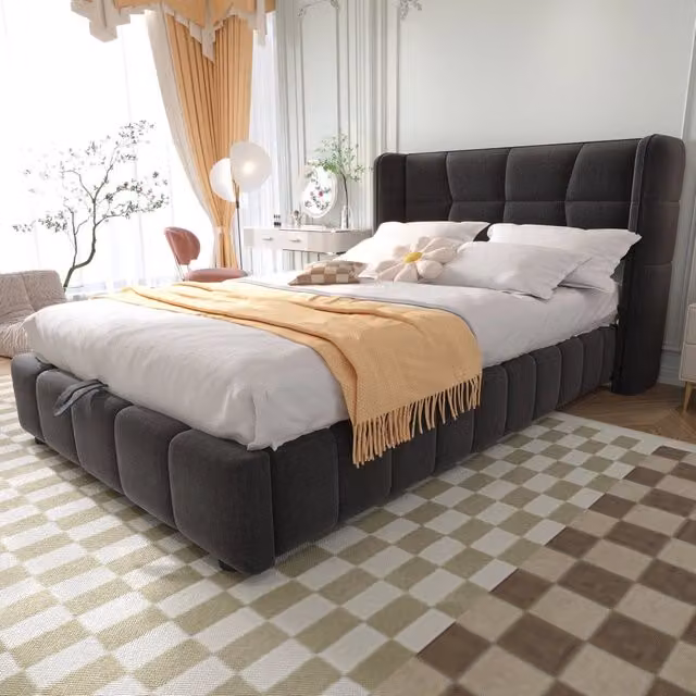 Letto singolo 90 x 200 cm, testiera imbottita, vano portaoggetti, tessuto di lino, grigio