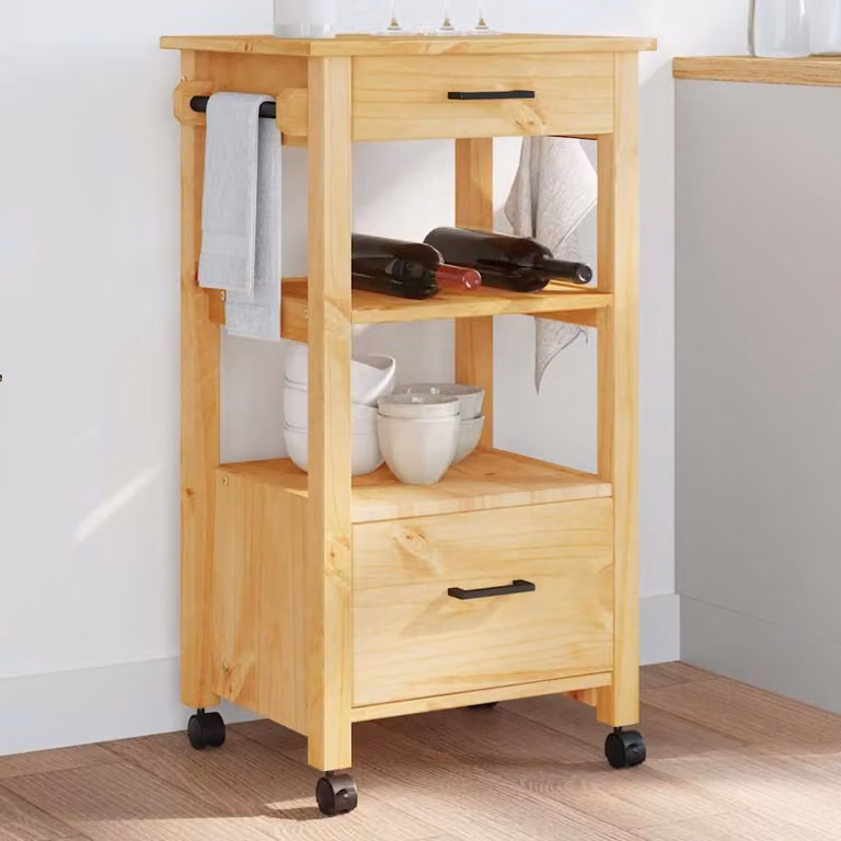 vidaXL Carrello da Cucina MONZA in Legno di Pino Marrone con Ruote L/P/H: 48 x 40 x 88,5 cm