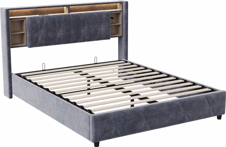 Letto Moonbite con contenitore, dimensioni 140x200 cm, rivestito in velluto grigio, con illuminazione LED e porta USB. Testiera classica, controllabile tramite app o telecomando