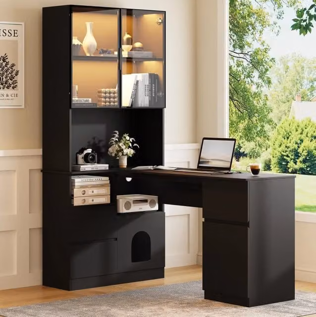 Scrivania angolare con scaffale; vetrina LED 7 colori e vano contenitore; 120×80×180 cm; MDF nero
