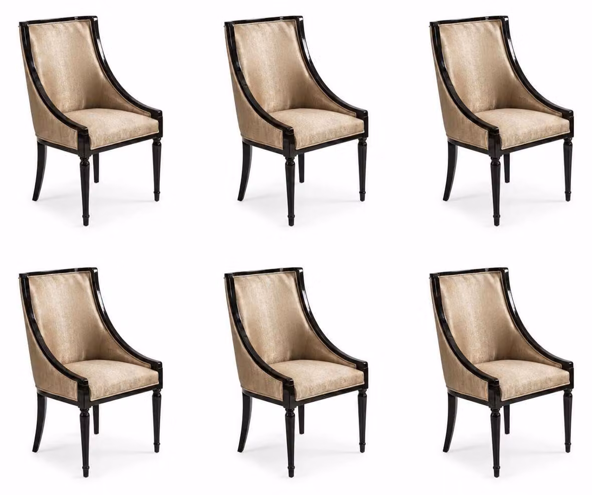 Set di sei sedie. Design elegante. Tessuto beige. Struttura in legno nero. Stile lussuoso