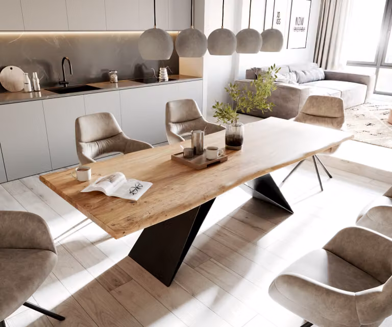 Tavolo da pranzo DELIFE Edge 260x100 Acacia naturale Base a V in acciaio piatto Nero Live-Edge