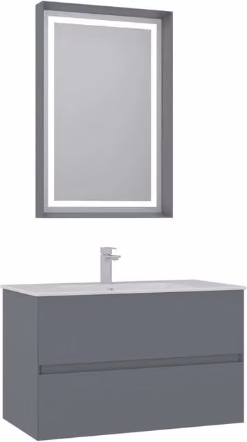 Set mobile lavabo con specchio Nest 91 v2 HANAH HOME, Grigio opaco, L: 91 cm, P: 51 cm, H: 55 cm