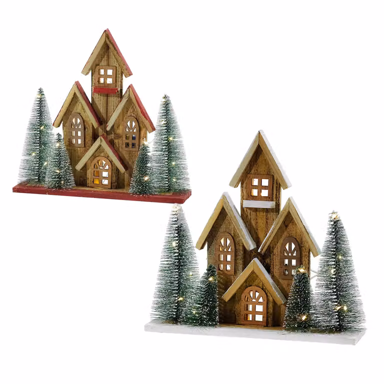 Casetta Natalizia Luminosa in Legno DICTROLUX con 20 Micro LED Bianco Caldo, Colore Bianco e Marrone, Altezza: 30 cm
