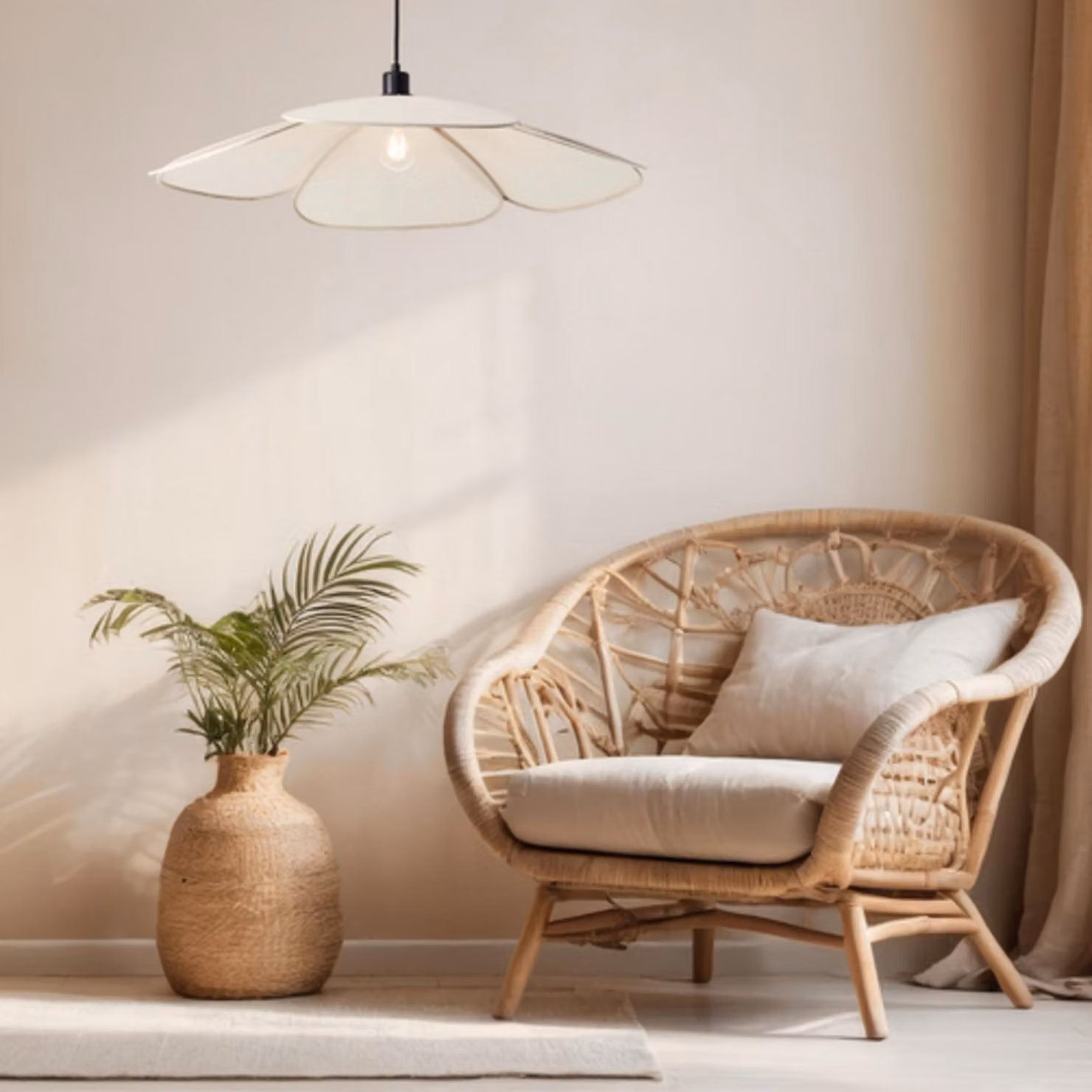 Lampada a sospensione con paralume a forma di fiore, 77 cm, E27, tessuto, beige