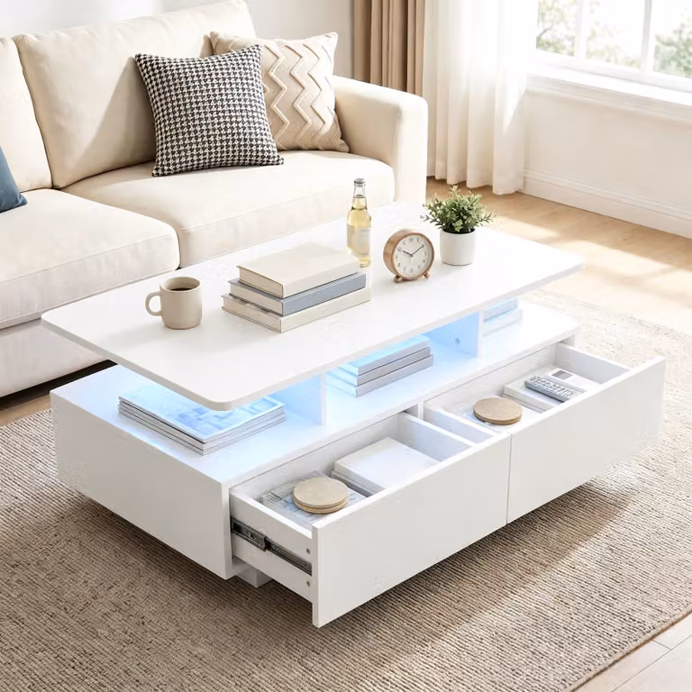 Costway Tavolino da caffè con luci led e telecomando con ripiano aperto 4 cassetti scorrevoli, Tavolo moderno per soggiorno e camera Bianco Opaco