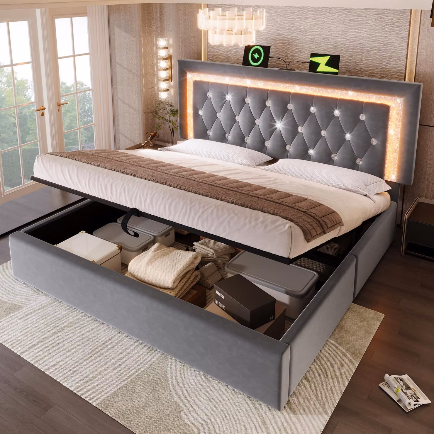 Letto imbottito 180x200, rivestito in velluto, con strisce LED a forma di diamanti, porte USB e USB-C, spazio contenitore idraulico, rete a listelli, senza materasso.